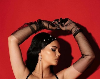 Black Tulle Long Gloves: Sheer Party Outfit Gloves