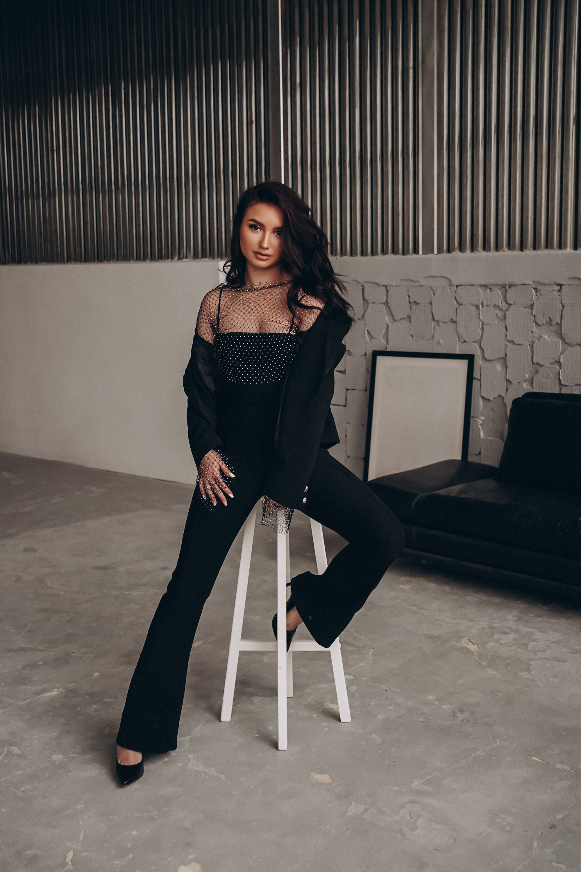 NICHOLAS Anniel Long Sleeve Crystal Fishnet Crop Top In Black