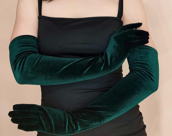 Dark Green Velvet Opera Gloves: Elegant Party Gloves (S-M)
