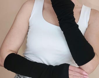 Black Fingerless Arm Warmers: Long Stretchy Nylon Mittens