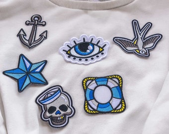 Old School Nautical Tattoo Patches Set, Sailor Flash Embroidered Patches, Anchor Swallow Star Skull