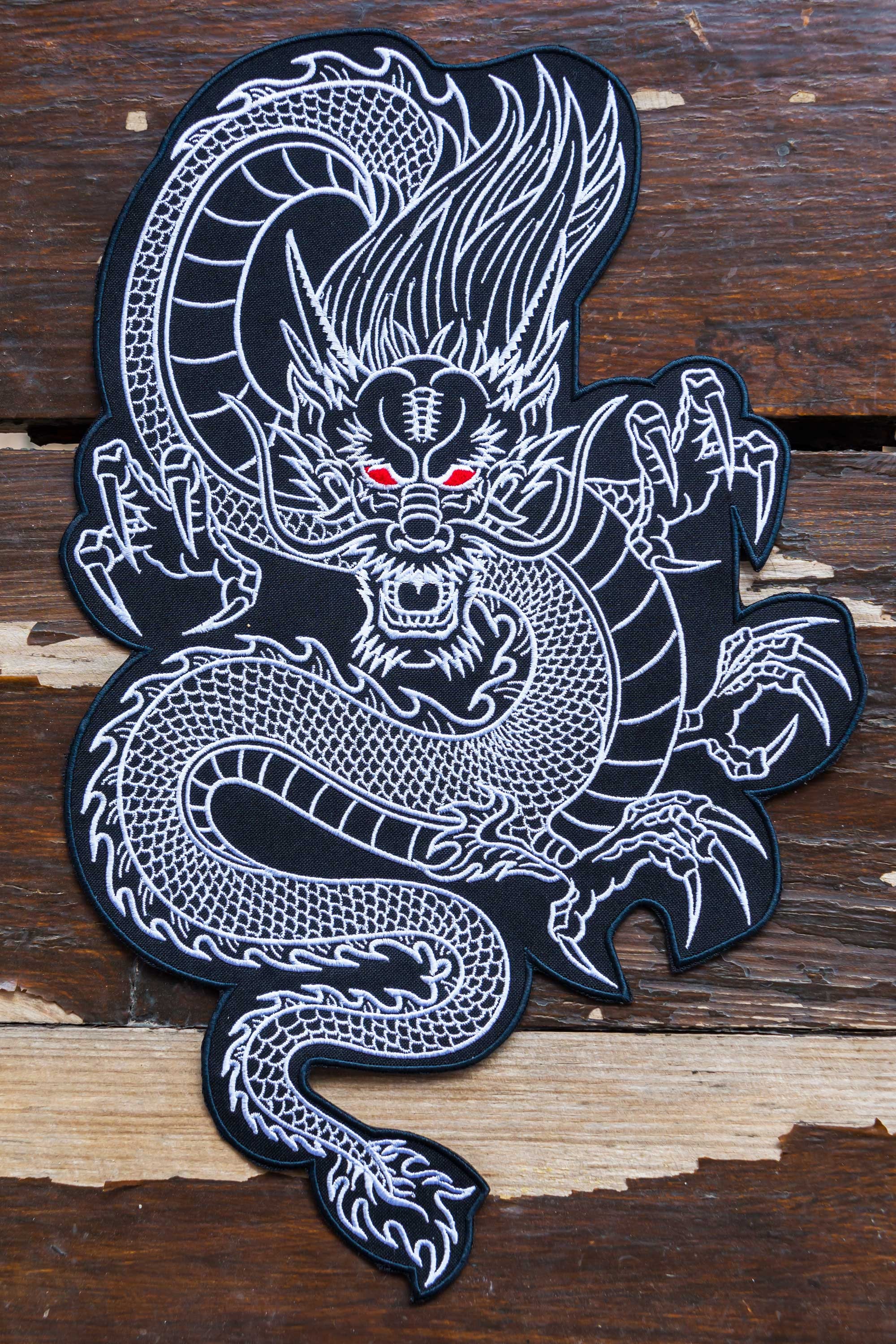 Large Embroidered Dragon Patch Black White, Large Iron on