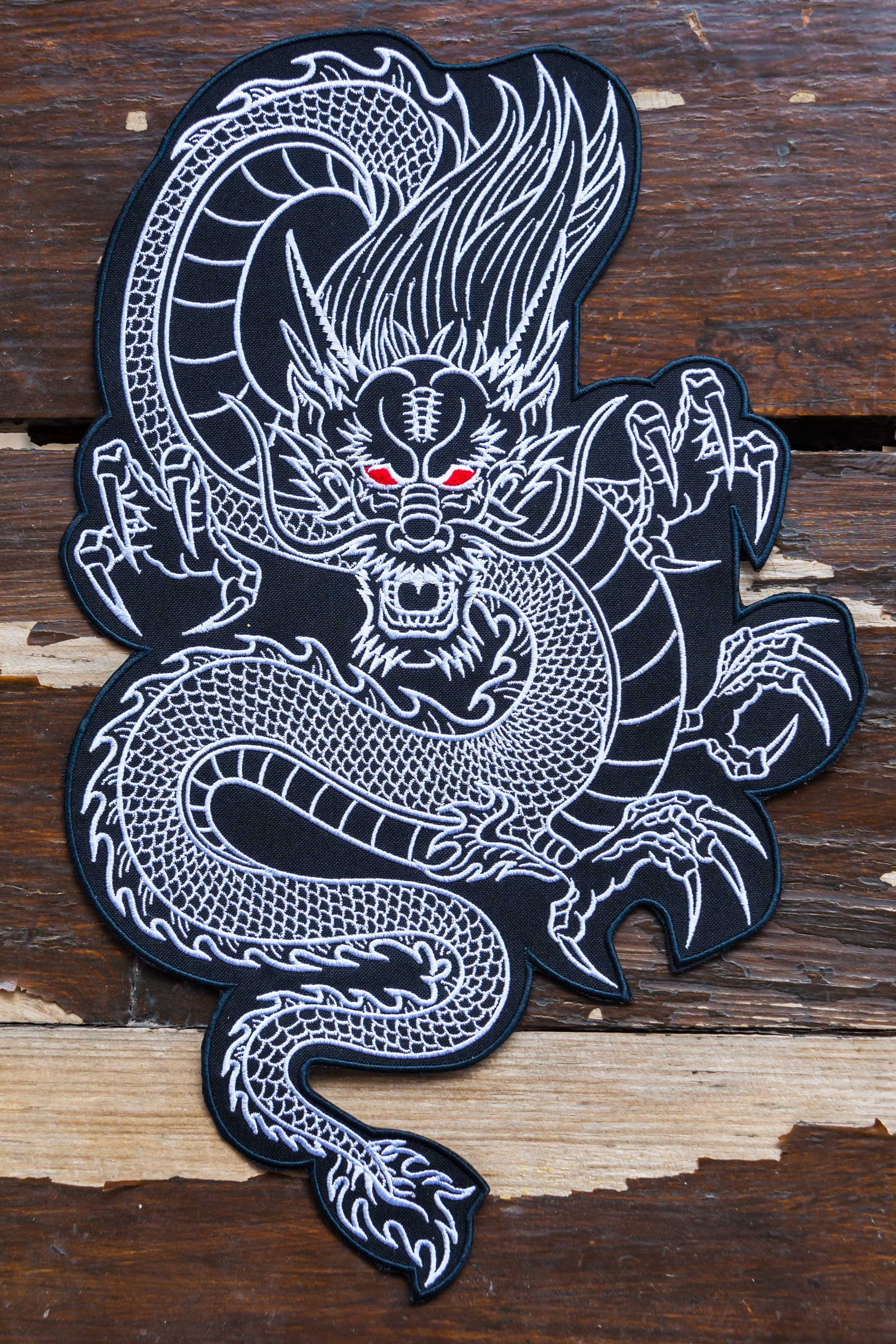 Dragon in Tattoo Style Embroidered Iron-on / Velcro Sleeve Patch