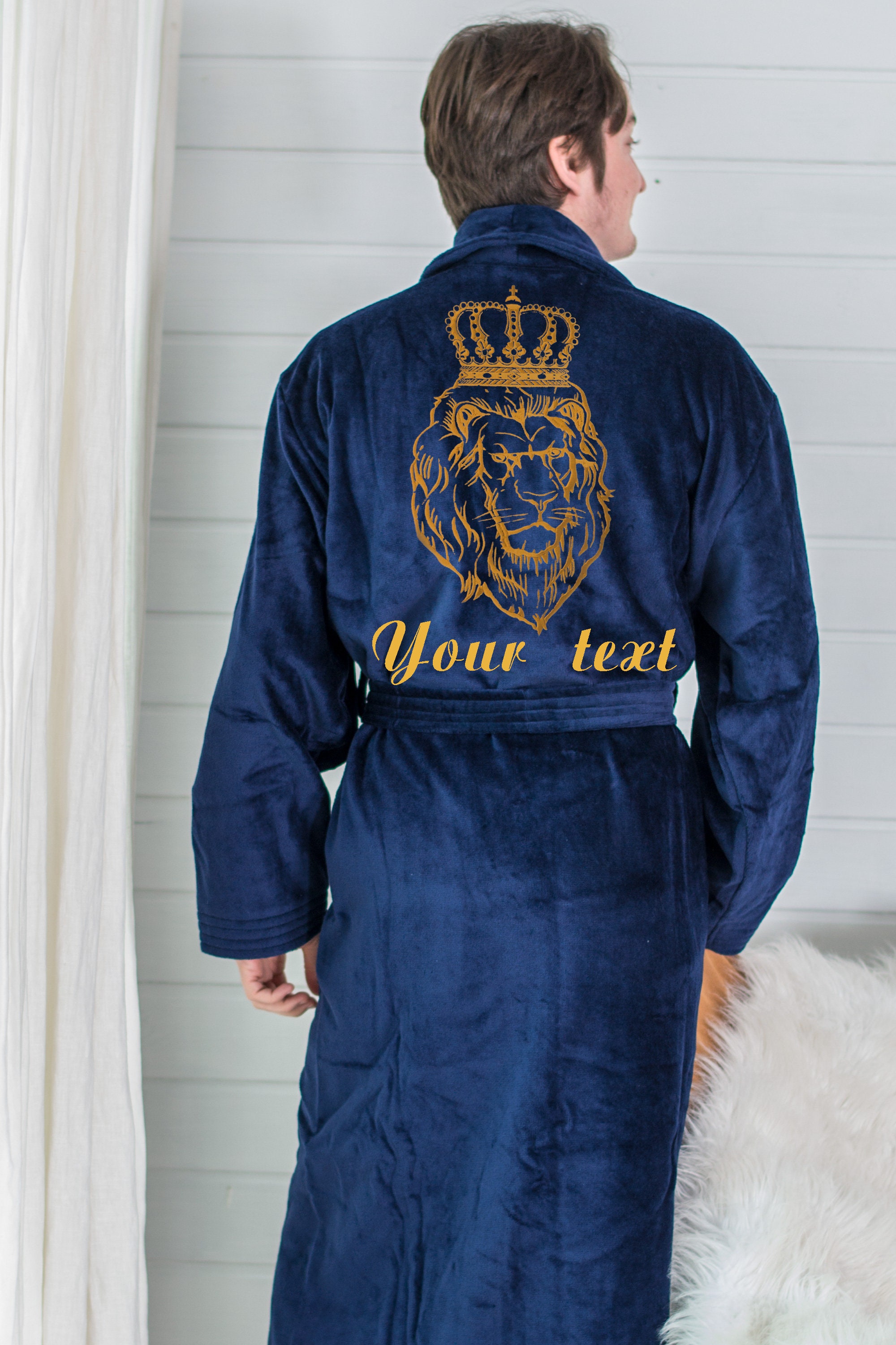 Customised bathrobes mens with lion dark blue cotton 100 Etsy
