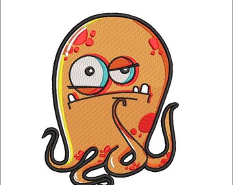 May include: A cartoon orange octopus with red spots and a grumpy expression. The octopus has one large eye and one smaller eye. The octopus has a large mouth with teeth.