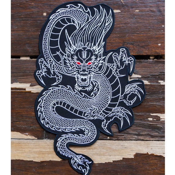 Large Embroidered Dragon Patch Black White, Large Iron on Patches 