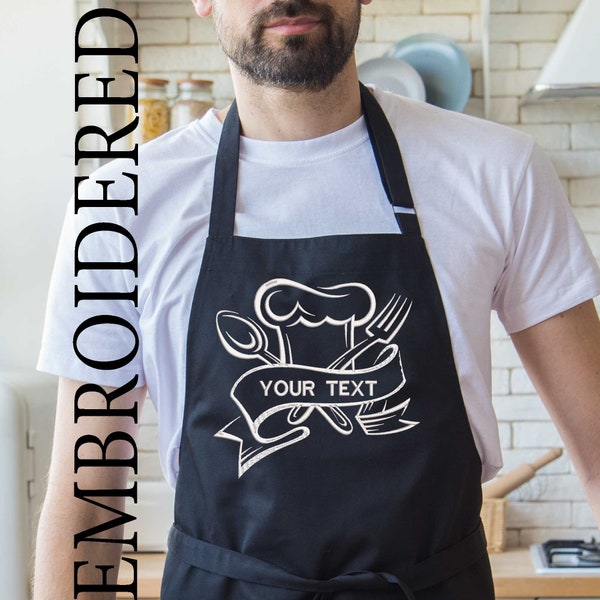 Personalized chef's apron, custom embroidered name on a stylish apron for men