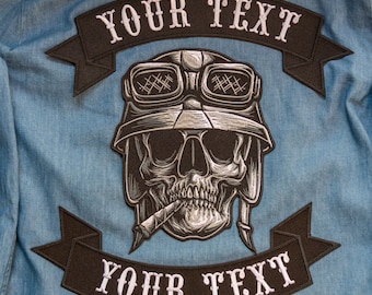 Embroidered Skull Biker Back Patch, Helmet, Cigar, Iron-On