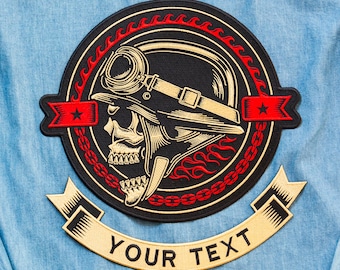 Skull Biker Back Patch 10 Inch – Custom Embroidered Iron On Patch with Text