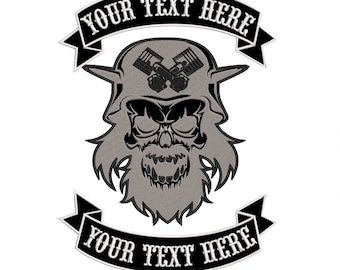 May include: Black and grey embroidered patch featuring a skull with a beard wearing a helmet with crossed pistons. The patch has two banners with the text "YOUR TEXT HERE" on each.