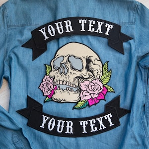 Custom Skull Rose Back Patch Set – Large Personalized Patch with Top & Bottom Rockers
