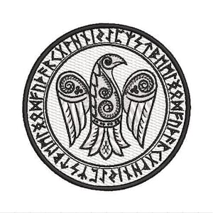 Small celtic raven embroidered patch with celtic alphabet