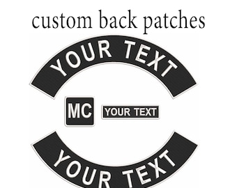 May include: Black and white custom motorcycle back patches with the text "YOUR TEXT" and "MC".