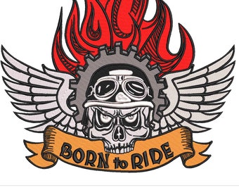 May include: A black and white skull wearing a helmet and goggles, with wings and flames behind it. A banner below reads "Born to Ride".