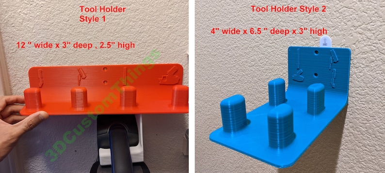 May include: Two 3D printed tool holders, one orange and one blue. The orange holder is 12 inches wide, 3 inches deep, and 2.5 inches high. The blue holder is 4 inches wide, 6.5 inches deep, and 3 inches high.