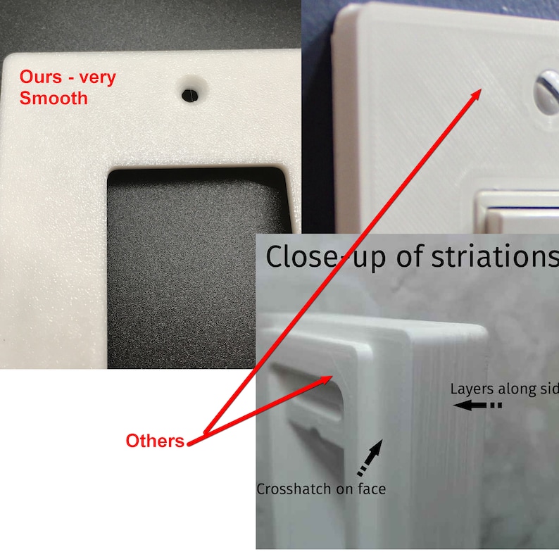 May include: Close-up of a white plastic wall plate with visible striations. The text "Close-up of striations" is written on the image. The text "Crosshatch on face" and "Layers along side" are also written on the image. The image shows the difference in surface texture between two wall plates.