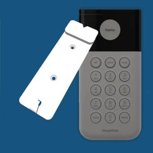 May include: A grey SimpliSafe security keypad with a black top section featuring a circular home button and a numeric keypad with off, home, away, menu, and delete buttons. A white rectangular mounting bracket is positioned diagonally over the keypad.