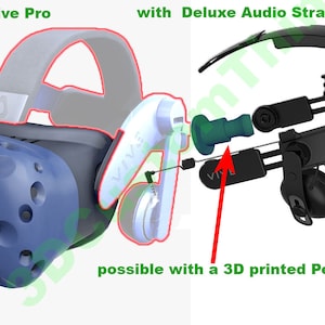 Könnte beinhalten: Ein blaues Vive Pro VR-Headset mit einem grauen Werkskopfband. Das Bild zeigt, wie man das Werkskopfband durch ein Deluxe Audio Strap ersetzt. Ein 3D-gedruckter Stift-Adapter ist erforderlich, um den Austausch vorzunehmen.