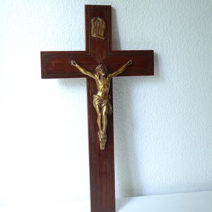 Vintage Brass Jesus on Wooden Cross - Crucifix - INRI