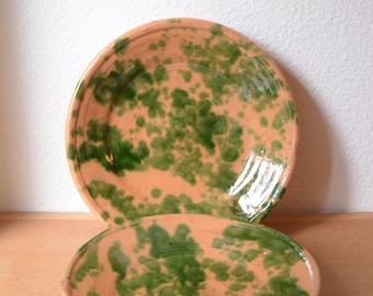 Rustic Vintage Terracotta Plates - Earthenware Green Glaze Pottery