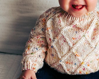 Suéter de punto a mano / Suéter de lana / Suéter sostenible / Suéter de moda lenta / Suéter de bebé / Suéter de bebé de diamantes / Suéter estampado