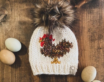 Gorro de pollo tejido / Gorro de pollo / Gorro de lana para mujer adulta / Gorro con pompón de piel sintética / Gorro de granja / Tejido a mano / Moda sostenible