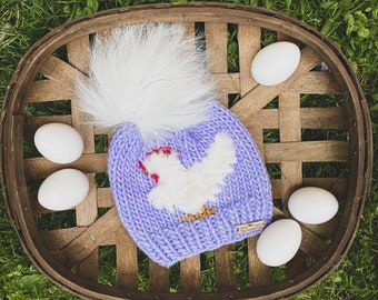 Gorro de pollo tejido / Gorro de pollo peludo / Gorro de pollo / Gorro de lana para mujer adulta / Gorro con pompón de piel sintética / Gorro de granja / Tejido a mano / Para niños
