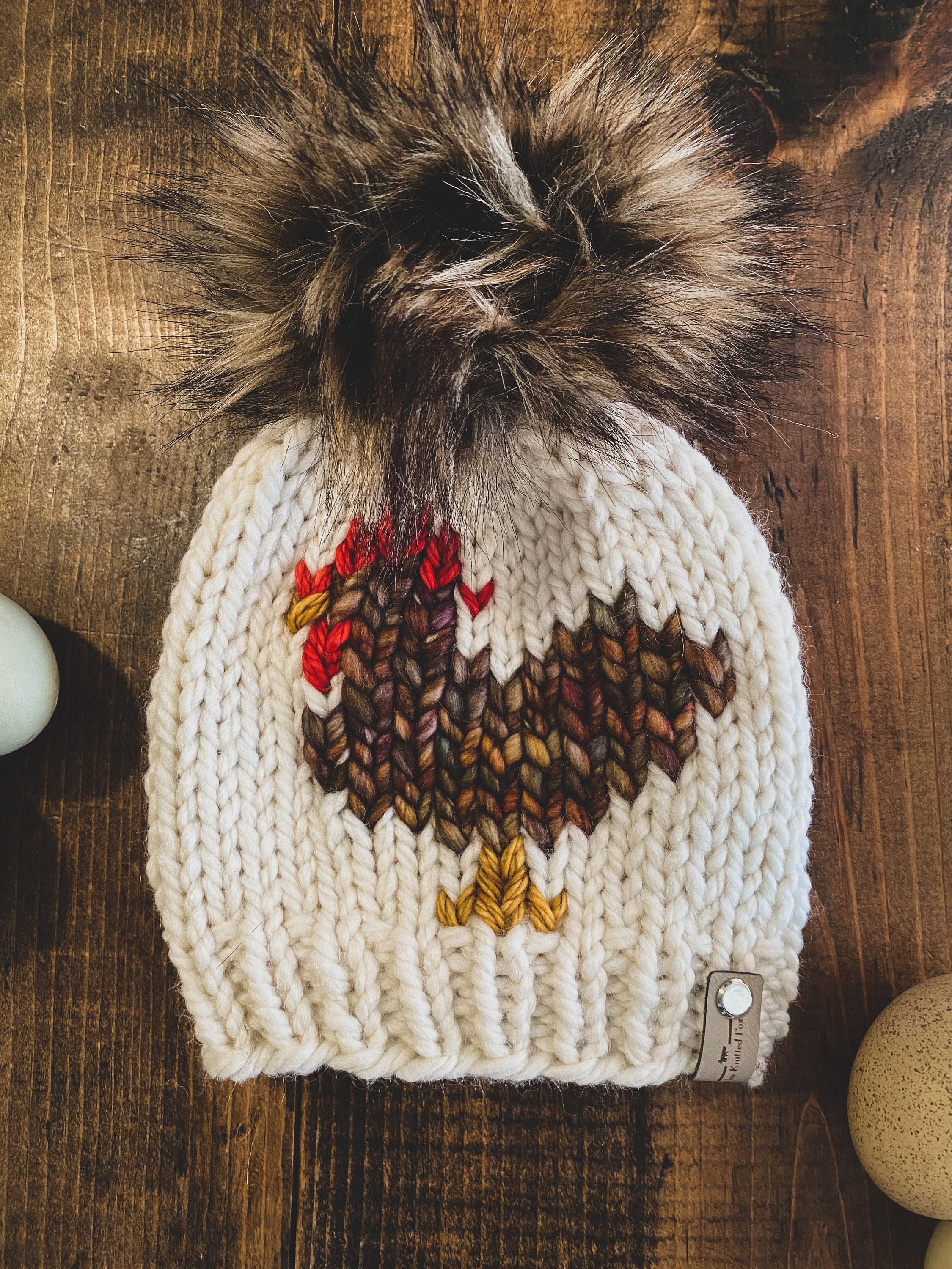 Knit Chicken Hat Chicken Beanie Wool Womens Adult Hat Faux Fur Pom Hat ...