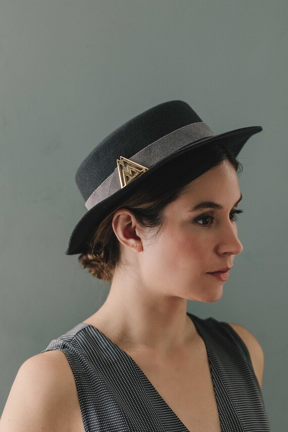 Charcoal Grey Wool Felt Boater Hat With 