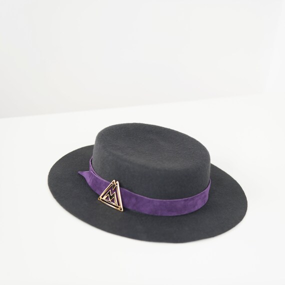Charcoal Grey Wool Felt Boater Hat with Purple Suede Band and Gold Monty Buckle - Zinka Purple