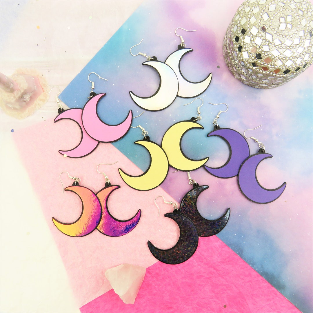 Cute Pastel Goth Rainbow Holographic Dangly Crescent Moon Earrings Etsy