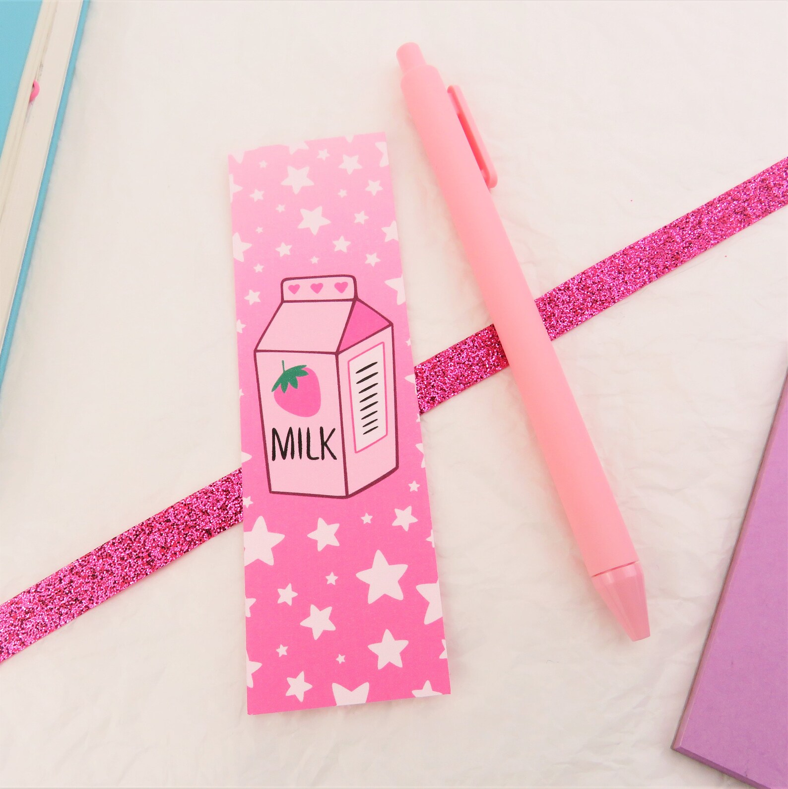Kawaii Cute Pink Strawberry Milk Bookmark Etsy