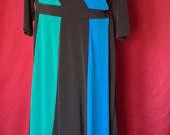 V Neck Front Wrap Stretchy  Black Green & Teal dress