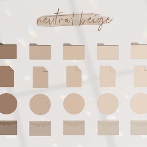 May include: A set of 20 neutral beige digital planner stickers in various shapes, including folders, documents, circles, and envelopes. The text "neutral beige" is written at the top of the image.