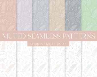 Seamless Patterns Digital Paper - Delicate Outlines Muted Florals Leaves - 12x12 - Commercial Use - Muted Boho - 300DPI - Nature