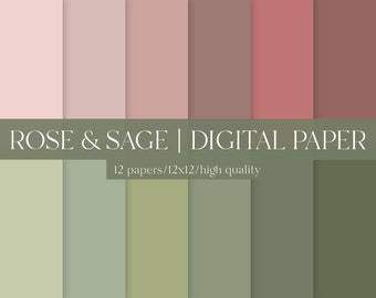 Papier cyfrowy - Róża i szałwia - 12 stron - 12x12 - Papier jednolity, bezszwowe - Idealny do rękodzieła, scrapbookingu i cyfrowych teł - Wyciszony Boho