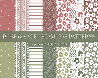 Seamless Patterns Digital Paper - Rose and Sage Florals Flowers - 12x12 - Commercial Use - Muted Boho - 300DPI - Green and Pink Spring