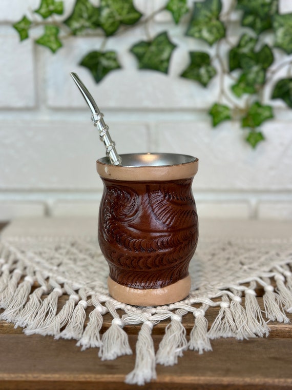 Stainless Steel Yerba Mate Cup With Authentic Leather light & Dark Brown,  Guampa, Mate Gourd, Mate Straw, Bombilla 