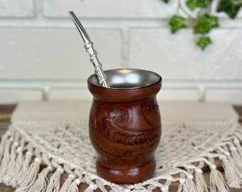 Stainless Steel Yerba Mate Cup with Authentic Leather (Brown), Guampa, Mate Gourd, Mate Straw, Bombilla