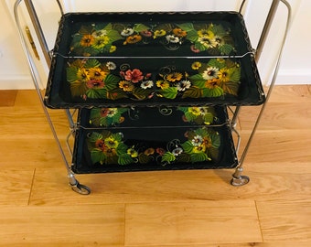 Very beautiful, hand-painted metal dinette, German mid-century bar cart / serving cart / trolley from the 60s