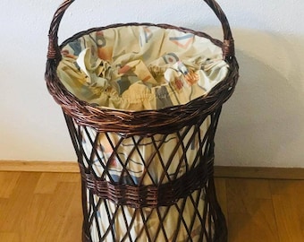 A vintage wicker laundry basket from the 70s