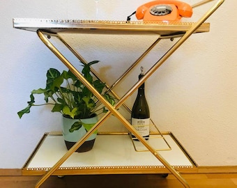 French serving trolley / bar trolley with brass frame and wooden trays from 1970.