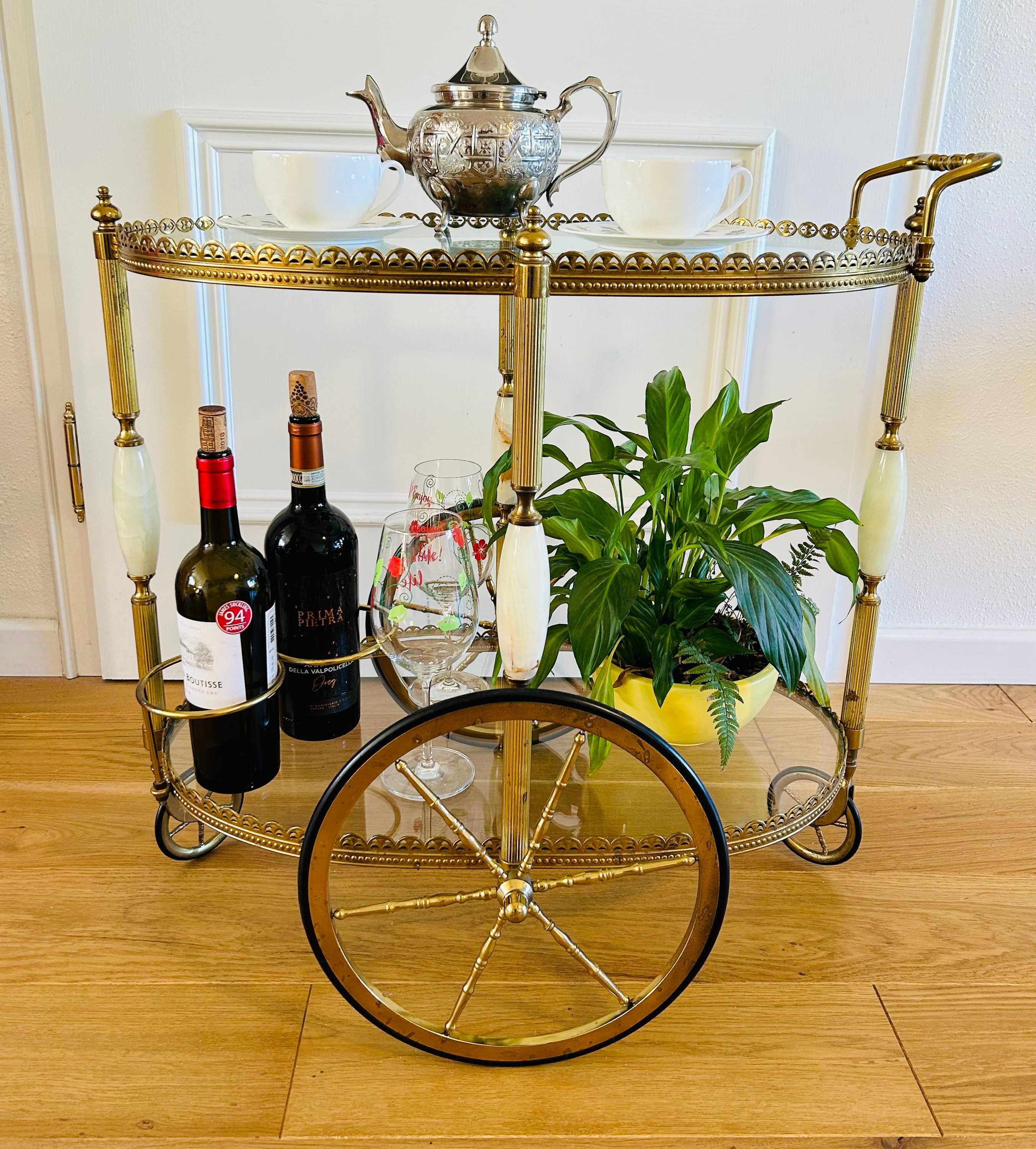 Vintage French Neoclassical Brass Bar Cart serving Cart tea Cart
