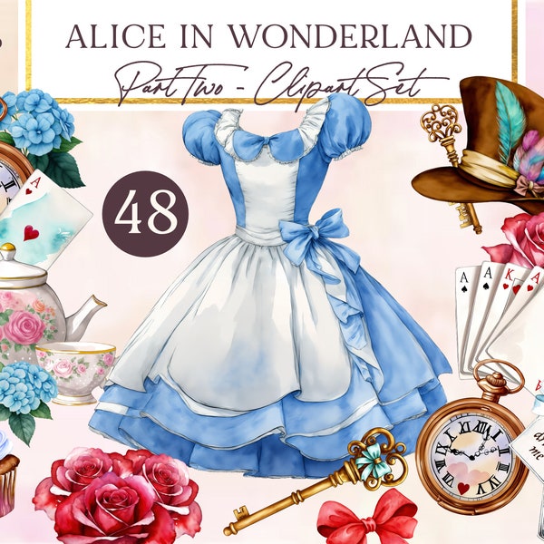 Alice nel paese delle meraviglie Clipart, Alice Clip Art acquerello, Alice Adventures Mad Hatter Tea Party Eat Me Drink Me White Rabbit Key Illustration