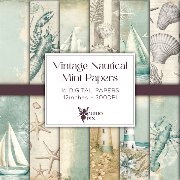 Vintage Nautical Mint Digital Papers - Antique Vintage Nautical and Ocean Antique Textures with Sea Scrapbook, Junk Journal, Paper Crafts