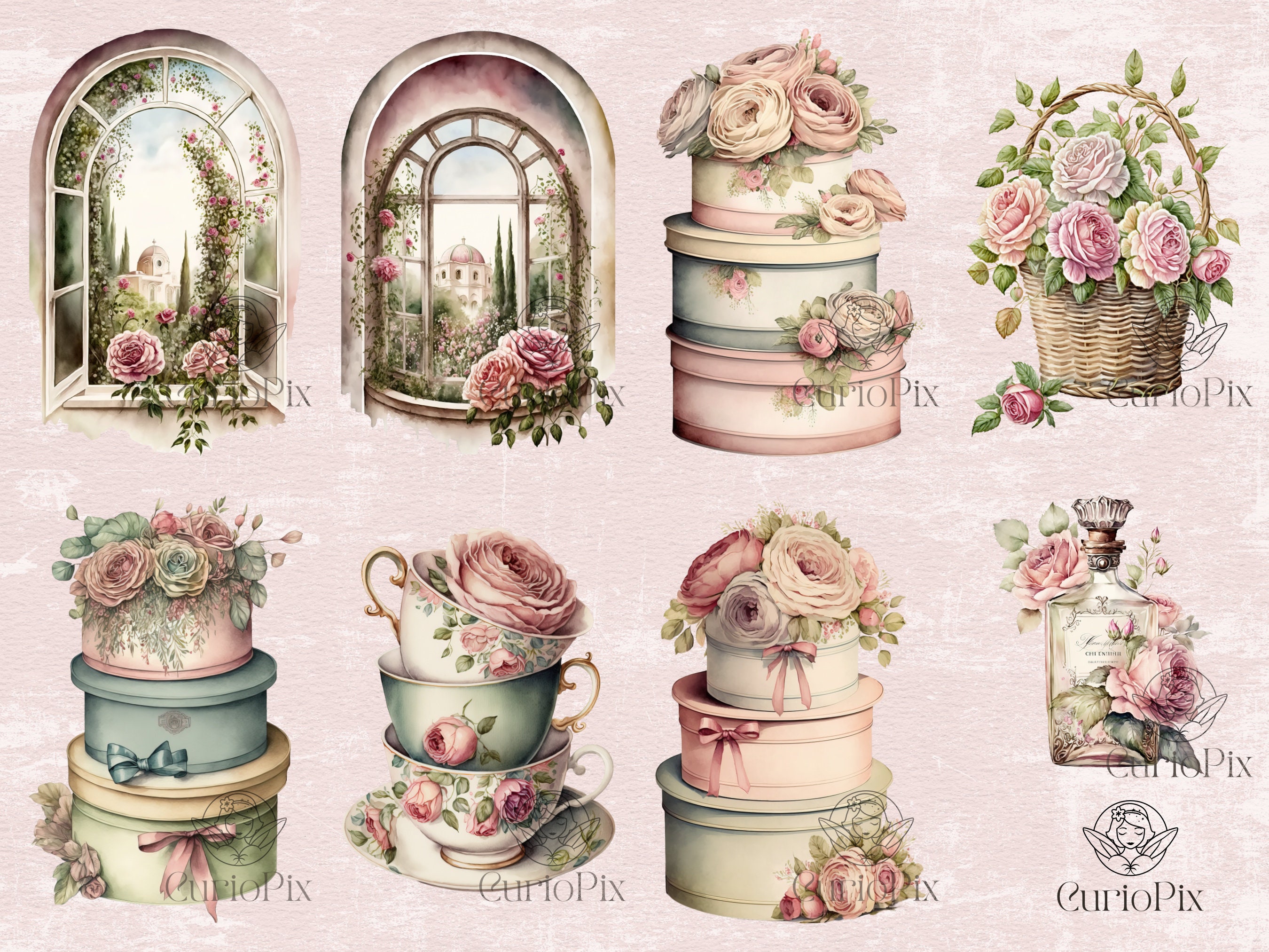 Vintage Pink Rose Clipart, Vintage Lady PNG, Vintage Stickers, Vintage