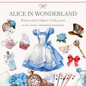 Alicja w Krainie Czarów Clipart, Alicja Clip Art Akwarela, Alicja Przygody Szalony Kapelusznik Herbatka Zjedz Mnie Wypij Mnie Biały Królik Klucz Ilustracja