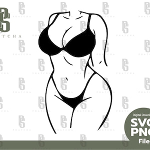 May include: Black and white line art illustration of a person wearing a bikini.