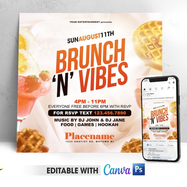 Editable Brunch Vibes Flyer, DIY Brunch Invitation Flyer, PSD Brunch Template | Canva Brunch Photoshop Flyer Template