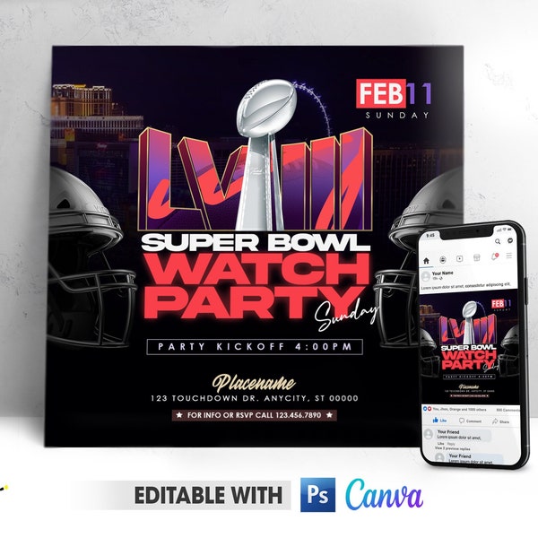 Editable Super Bowl Video Flyer, Canva Super Bowl 2024 Flyer | PSD Super Bowl Flyer Template